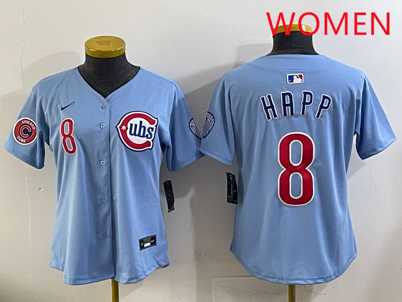Women 2025 Chicago Cubs #8 Happ Light Blue Throwback Game Nike MLB Jersey style 2